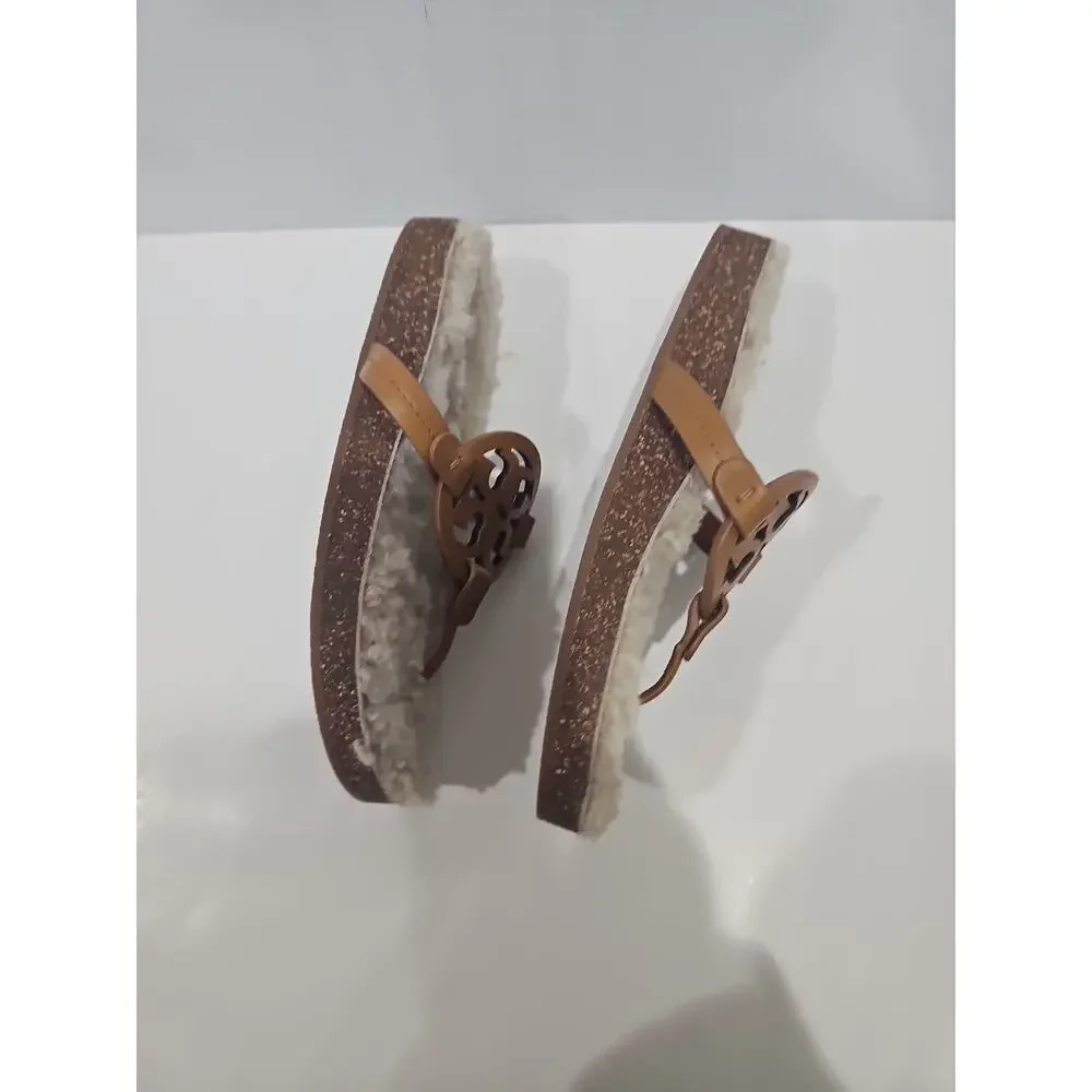 TORY BURCH MILLER Cloud THONG SANDAL Shearling Caramel Corn/Buttermilk Sz 9.5